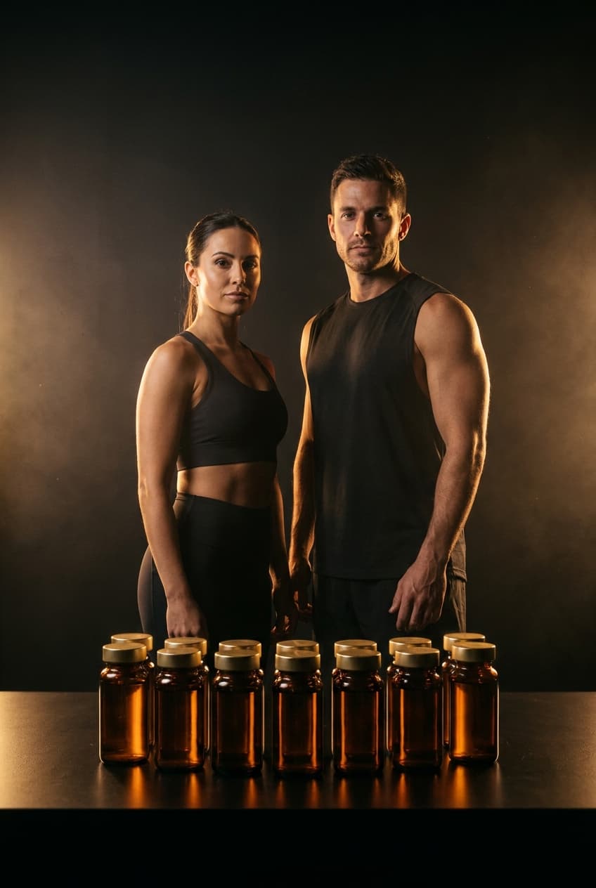 Two athletes with a row of gold-capped peptide vials