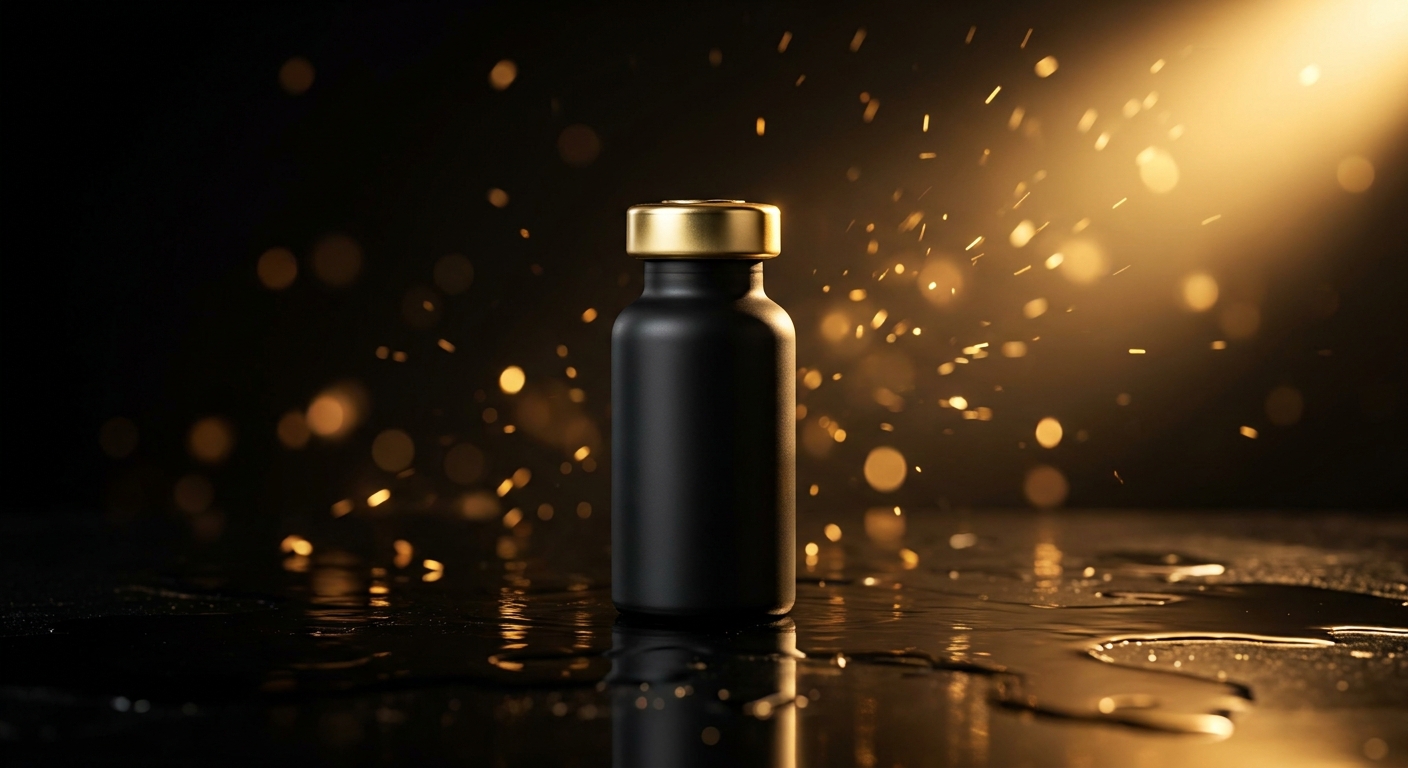 A gold-capped peptide vial on a reflective black surface